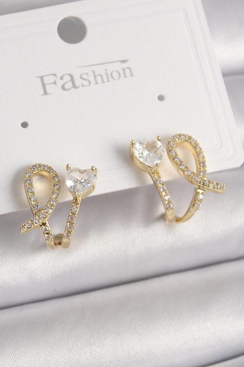 Pirinç Gold Renk Düğüm Model Zirkon Taşlı Kalp Detay Kadın Küpe - TJ-BKP9909