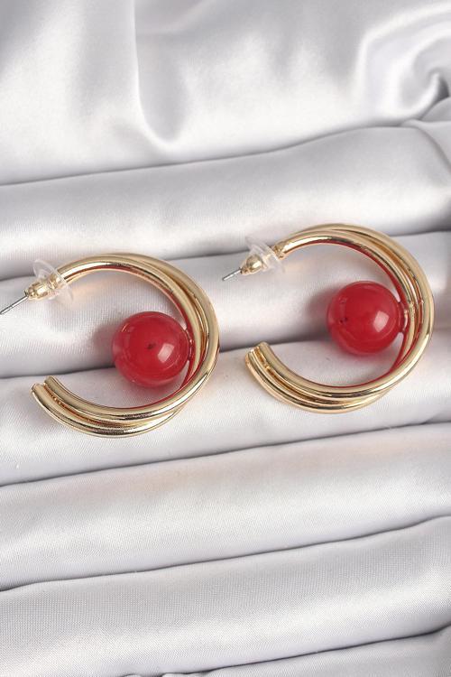 Pirinç Gold Renk Halka Model Kırmızı Boncuk Detay Kadın Küpe - TJ-BKP10366