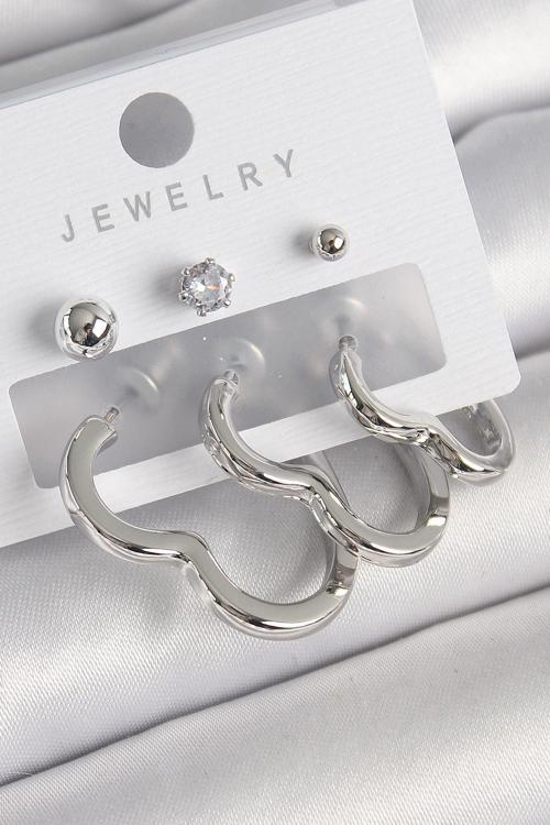 Pirinç Gümüş Renk Kalp Model Zirkon Taş Topçuk Detay Kadın Küpe Seti - TJ-BKP10307