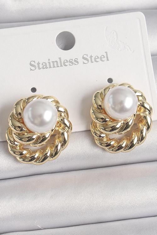 Pirinç Gold Renk İncili Sarmal Burgu Model Kadın Küpe - TJ-BKP10073