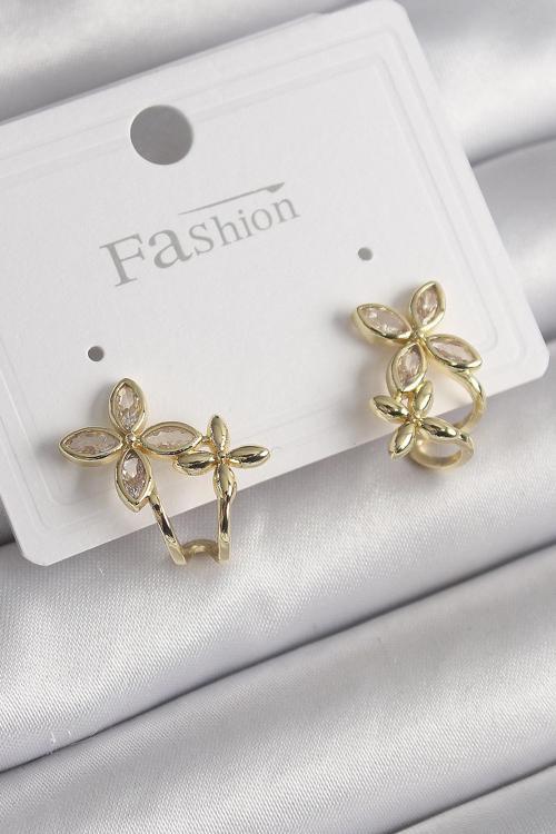 Pirinç Gold Renk Zirkon Taşlı 2'Li Çiçek Model Kadın Küpe - TJ-BKP9961