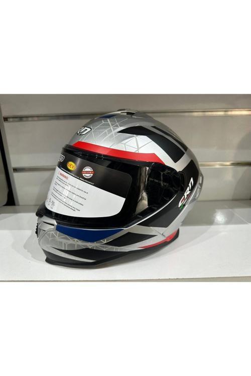 KASK CRN FS-867 MAT SİLVER/BLYE/RED GÜNEŞ VİZÖRLÜ