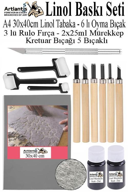Linol Baskı Seti 1 Paket A3 30x40 Linolyum Tabaka Gri Linol Oyma Seti 6 Bıçaklı Kretuar Rulo Fırça Mürekkep Linol Baskı