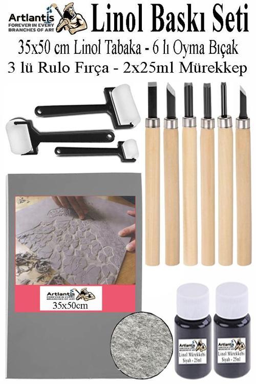 Linol Baskı Seti 1 Paket 35 x 50 cm Linolyum Tabaka Gri Linol Oyma Seti 6 Bıçaklı Rulo Fırça Mürekkep Linol Baskı Seti