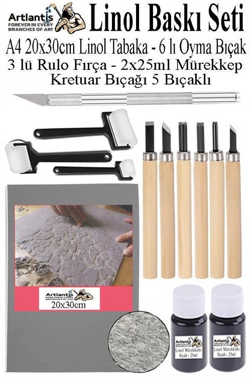 Linol Baskı Seti 1 Paket A4 20x30 Linolyum Tabaka Gri Linol Oyma Seti 6 Bıçaklı Kretuar Rulo Fırça Mürekkep Linol Baskı