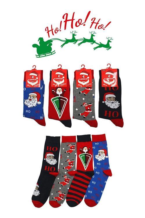 Erkek Yılbaşı Noel Christmas Renkli Desenli Soket Çorap 4'lü Paket