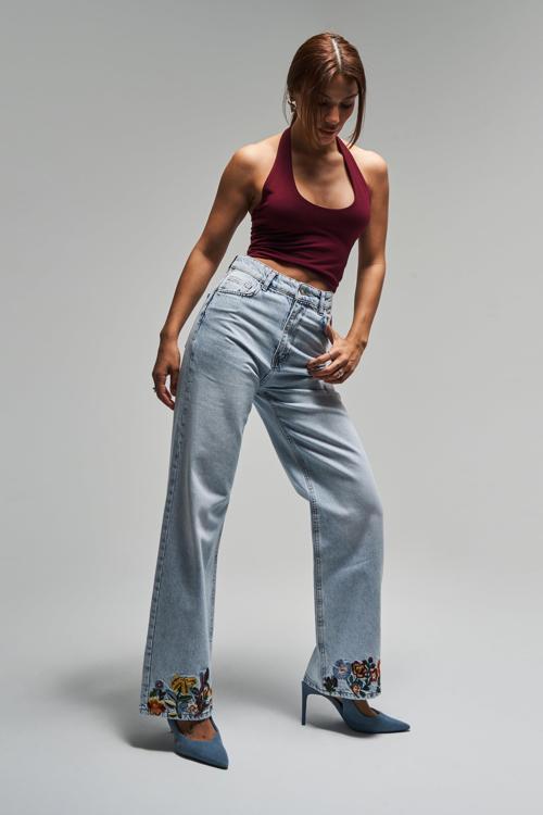 Kadın Ice Kot Rengi 4s5-3 Straight Fit Çiçek Nakışlı %100 Koton İç Boy 80 Cm Tasarım Denim Jean