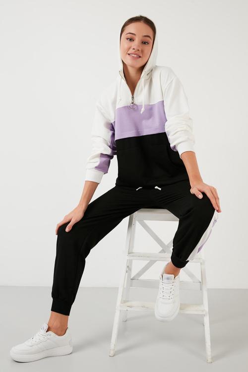 Renk Bloklu Regular Fit Kapüşonlu Spor Bayan Takım 5863835 LİLA