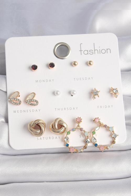 Zarif Kadın için Golden Pirinç 7ÇİFT Zirkonlu Kalp Küpe Seti