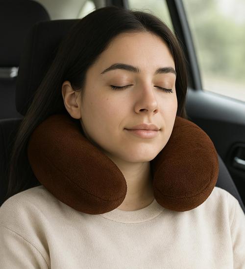 Peluş U Tipi Boyun Yastığı Yumuşak ve Ergonomik Seyahat Konforu Koyu Kahverengi