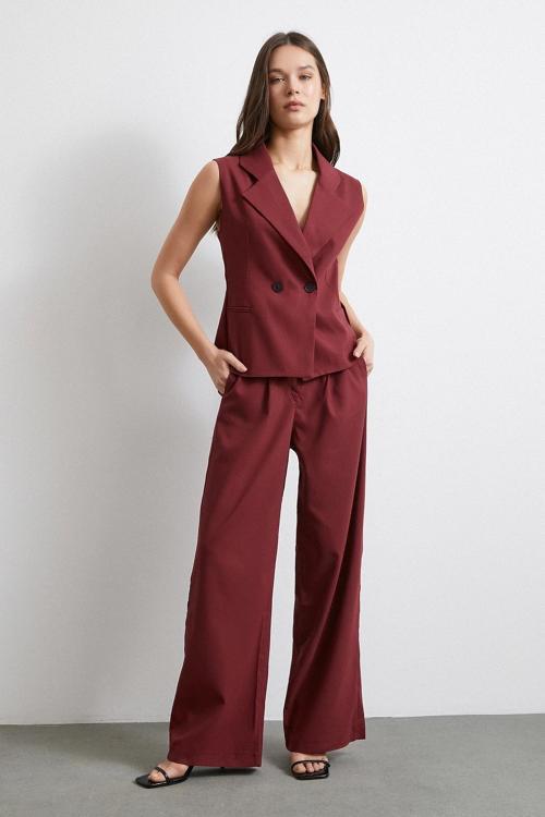 Yüksek Bel Beli Lastikli Geniş Paça Pantolon Bordo