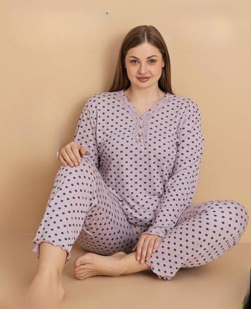 Kadın Büyük Beden Dantel Yaka Bambu Uzun Kol İnce Pijama Takımı 5675 - 1 Adet