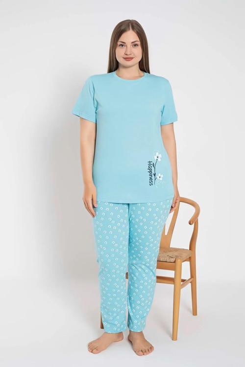 Kadın Büyük Beden Bisiklet Yaka Kısa Kol Pamuklu Pijama Takımı 6083 -1 Adet