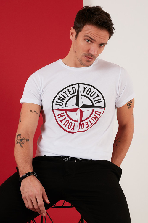 Baskılı Bisiklet Yaka Pamuklu Slim Fit Erkek T Shirt 541PUSULA BEYAZ