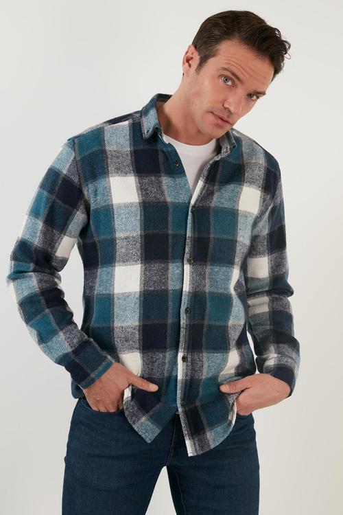 Ekoseli Uzun Kollu Slim Fit Kışlık Erkek Gömlek CF21W112844 PETROL