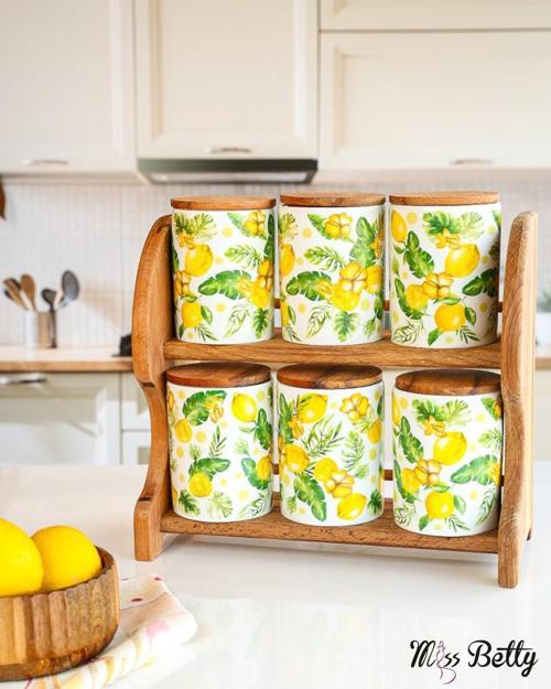 Citrus Ahşap Standlı 6'lı Porselen Baharatlık