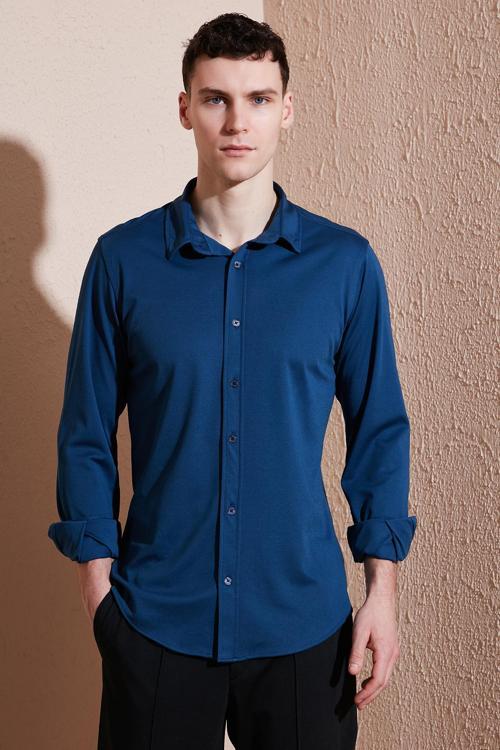 Pamuklu Regular Fit Düz Yaka Erkek Gömlek CF25S119628 İNDİGO