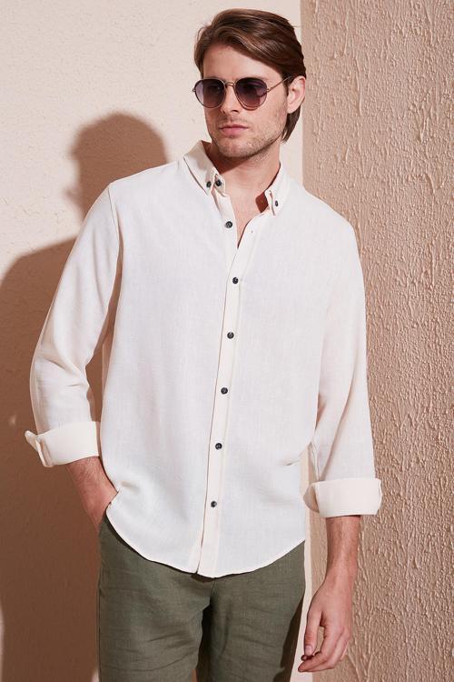 Regular Fit Uzun Kollu Düğmeli Yaka Erkek Gömlek CF25S116777 KREM