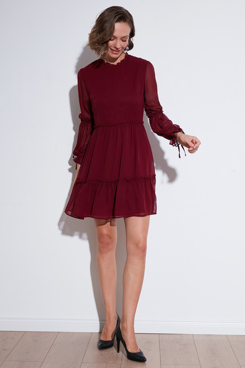 Regular Fit Dik Yaka Büzgülü Astarlı Mini Bayan Elbise 611EL345 BORDO