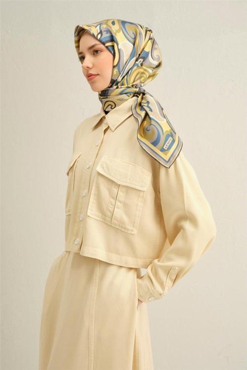 Desenli Saf Ipek Twill Eşarp 9323- 80