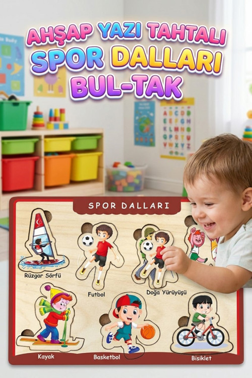 Ahşap Bultak Puzzle 7 Parça Arka Yüzü Yazı Tahtalı Yapboz Spor Dalları