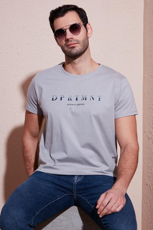 Baskılı Bisiklet Yaka Pamuklu Slim Fit Erkek T Shirt 541DPRTMNT24 AÇIK GRİ