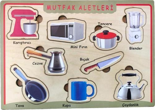 Ahşap Bultak Puzzle 9 Parça Arka Yüzü Yazı Tahtalı Yapboz Mutfak Aletleri
