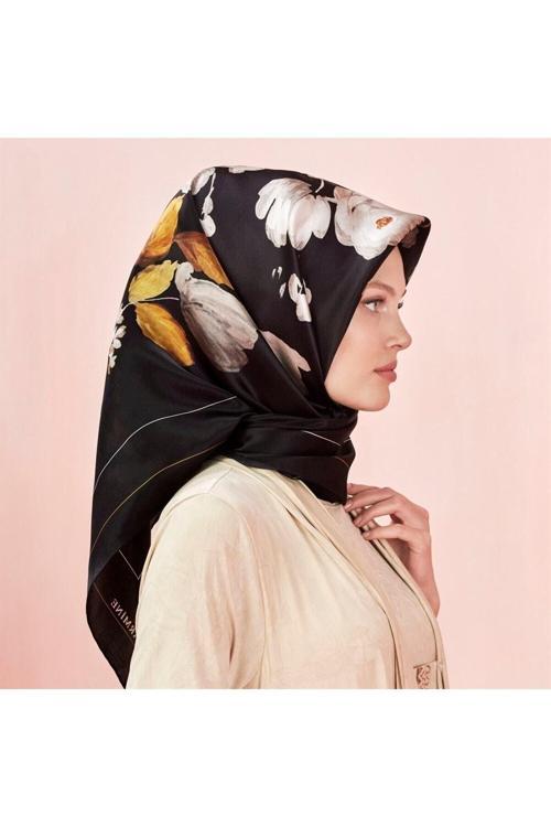 Ipek Eşarp Twill Siyah Çiçekli