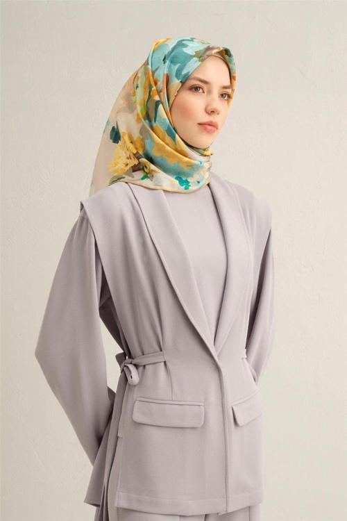 Desenli Saf Ipek Twill Eşarp 9334- 07