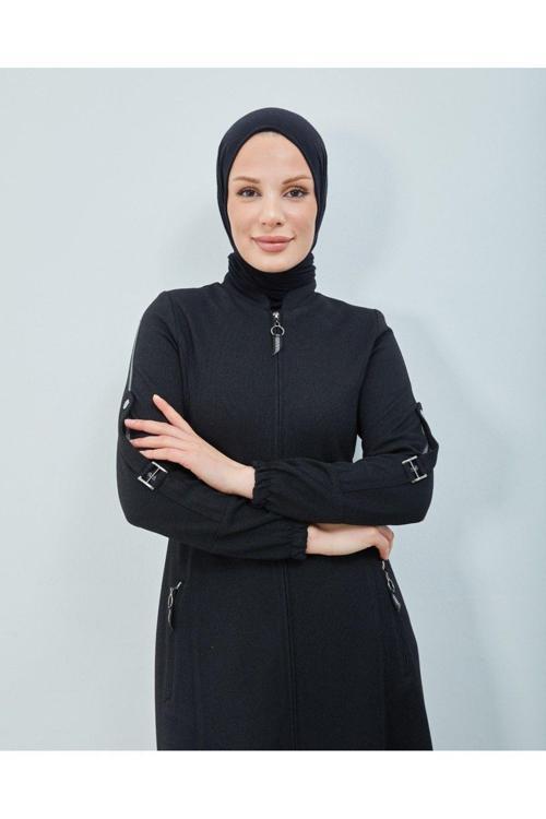 Kolu Şerit Detaylı Maya Kumaş Siyah Pardesü