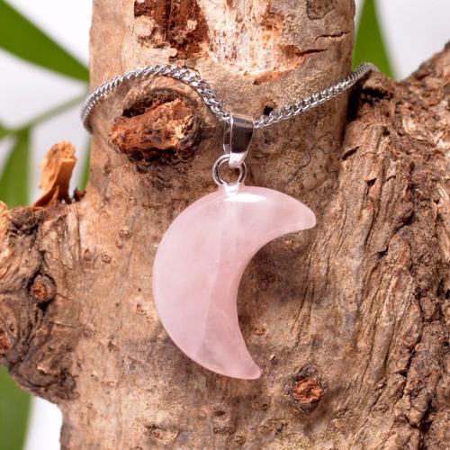 Ay Şeklinde Pembe Kuvars Taşı Kolye - Küçük Boy