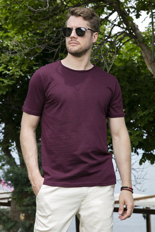 Bisiklet Yaka % 100 Pamuk Regular Fit Basic Erkek T Shirt 59020001 VİŞNE