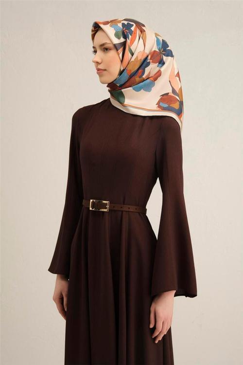 Desenli Saf Ipek Twill Eşarp 9312- 04