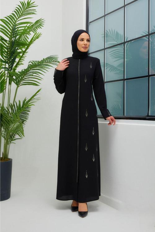 Damla Motifli Taşlı Yazlık Ferace Siyah Renk 1013