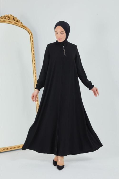 Krep Kumaş Siyah Cepli Mevlana Model Ferace