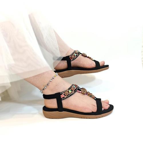 9639 Siyah Taban Masajlı Taş İşlemeli Bayan Sandalet