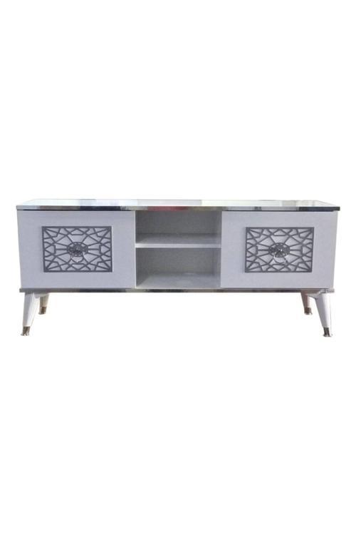 140 Cm Cnc Kesim Eko Tv Sehpası & Ünitesi - Beyaz & Nikel
