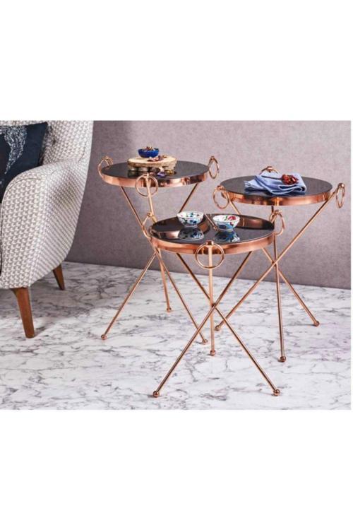 Küpeli Metal 3'Lü Zigon Sehpa Bakır (Rose Gold) Kaplamalı Yuvarlak - Siyah Temperli Cam