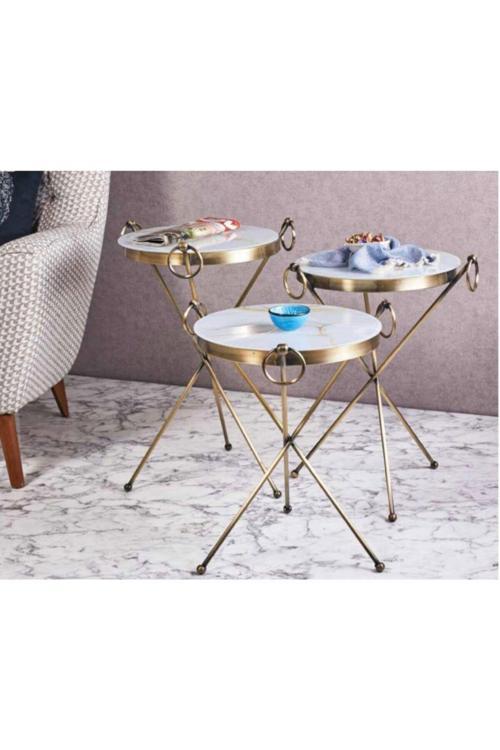 Küpeli Metal 3'Lü Zigon Sehpa Gold Eskitme Kaplamalı Yuvarlak - Gold Mermer Temperli Cam