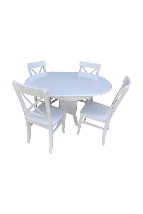 93 Cm Yuvarlak Açılır Masa + 4 Çapraz Sandalye Tamamı Ahşap Lake Beyaz