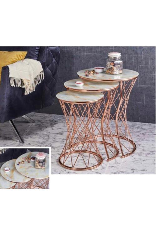 C Metal Içiçe Girebilen 3'Lü Zigon Sehpa Bakır (Rose Gold) Kaplamalı - Gold Mermer Temperli Cam