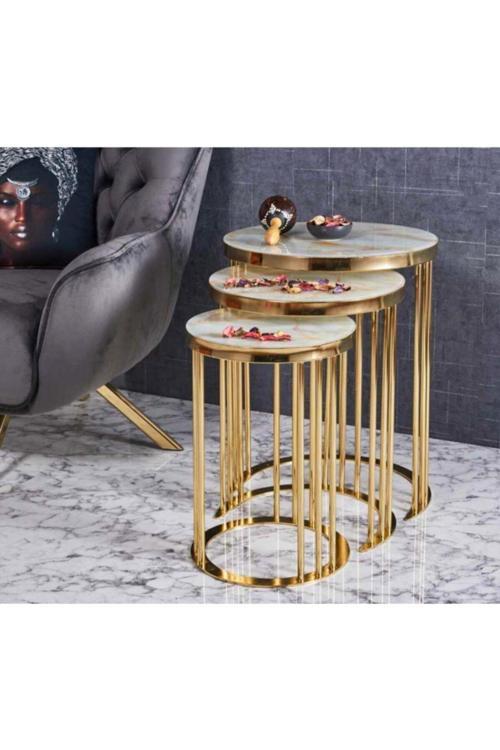 C Metal Içiçe Girebilen 3'Lü Zigon Sehpa Yuvarlak Gold (Altın) Kaplamalı - Gold Mermer Temperli Cam