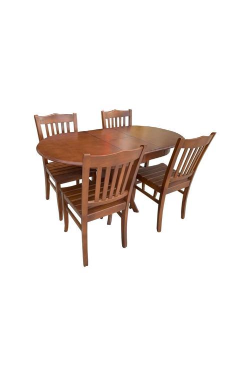 Oval Açılır Masa + 4 Izgaralı Sandalye Takım Tamamı Ahşap Ceviz Renkte