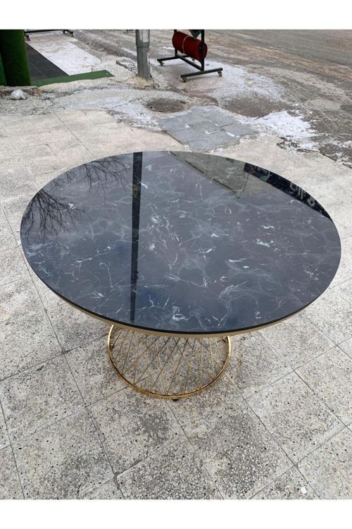 Pota Metal Ayaklı 110 Cm Yuvarlak Ahşap Tablalı Masa Siyah Mermer+Gold Kaplama