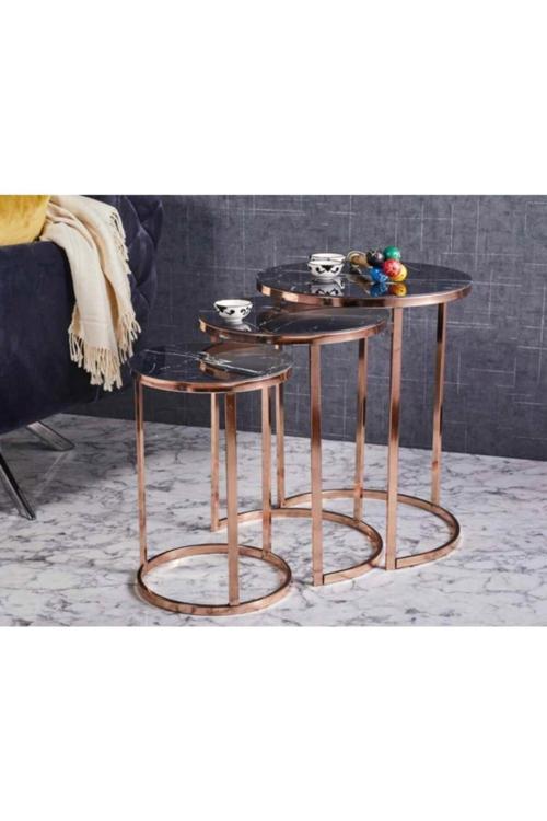 Eko C Metal Iç Içe Girebilen 3'Lü Zigon Bakır (Rose Gold) Kaplamalı - Siyah Mermer Temperli Cam