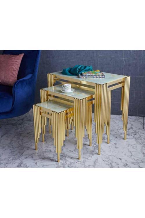 Şayn Borulu Metal 3'Lü Zigon Sehpa Gold Kaplamalı - Gold Mermer Temperli Cam