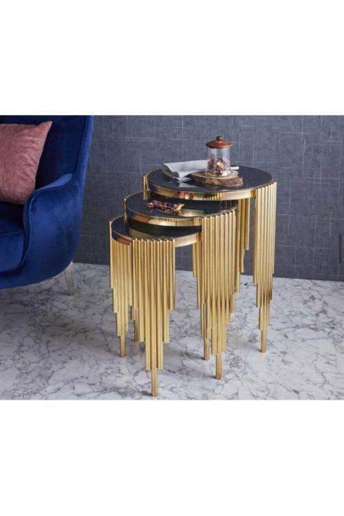 Yuvarlak Borulu Iç Içe Girebilen Metal 3'Lü Zigon Sehpa Gold(Altın) Kaplamalı - Siyah Temperli Cam