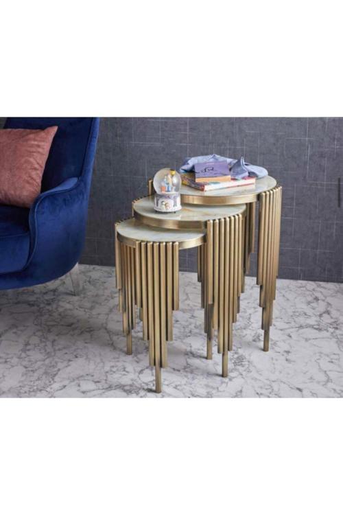 Yuvarlak Borulu Metal 3'Lü Zigon Sehpa Gold Eskitme Kaplamalı - Gold Mermer Temperli Cam