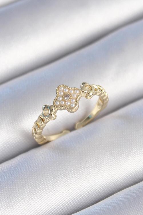 Pirinç Gold Renk İncili Yonca Model Zirkon Taş Detay Kadın Yüzük - TJ-BYK3438