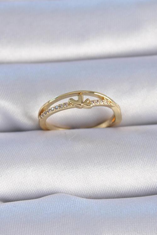 Pirinç Gold Renk Zirkon Taşlı Kalp Model Kadın Yüzük - TJ-BYK3302
